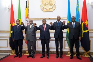 From left to right; presidents Denis Sassou Nguesso of Congo, Uganda's Yoweri Museveni, Angola's Joao Lourenco, Rwanda's Paul Kagame and DR Congo's President Felix Tshisekedi hold hands together high after a quadripartite summit in Luanda, Angola, on August 21, 2019. PHOTO | URUGWIRO